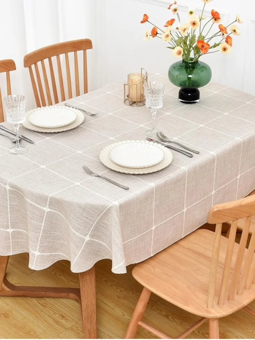 Linen-Style Beige Grid Tablecloth - Home Dining Oval 52 X 70